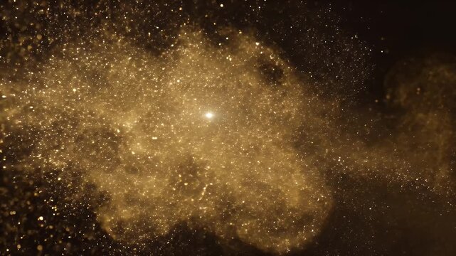 Glowing golden particles form a cloud in darkness. Small bright lights scatter around