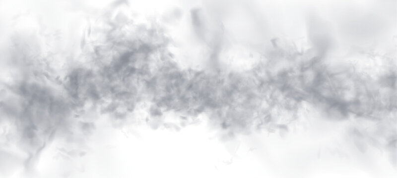 Grey smoke drifts in soft smoky layers with mist, steam. Fog, vapor cloud shapes while distant thunder grows into storm energy. Realistic atmospheric phenomena glow with fire burning flame. PNG vector