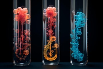 Test tubes containing abstract biological structures and chemical reactions, illustrating science and biotechnology