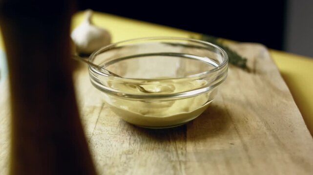 Person puts a glass bowl containing Dijon mustard on the wooden cutting board