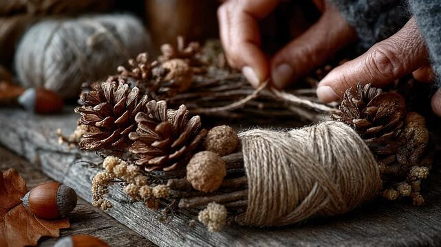 Rustic Still Life: Twine Wrapped Pine Cones and Acorns on Aged Wooden Surface, Autumnal Seasonal Arrangement