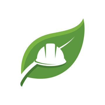 Green leaf and white hard hat representing eco construction