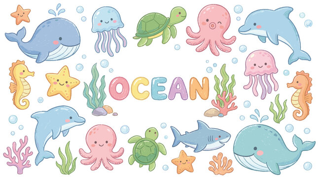 Ocean themed decorative elements collection with cute doodles of whales, dolphins, jellyfish, turtles, octopuses, seahorses, and starfish