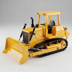 Fototapeta premium Yellow bulldozer with a large blade, rendered in 3D on a neutral background. Represents construction, heavy machinery, and industrial work.