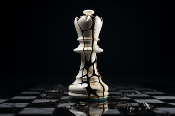 White chess queen shattering on a dark chessboard, symbolizing defeat, loss, and fragile power