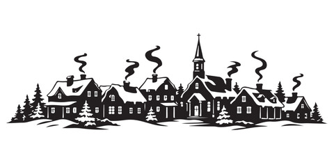 Obraz premium Snowy Village Skyline Silhouette, Silhouette Vector, Isolated on White Background