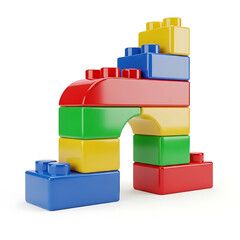 Colorful building blocks stacked in a playful arch shape, forming stairs or a bridge, isolated on a white background.