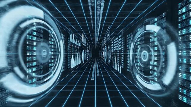 Futuristic data center with glowing blue grid lines and data displays receding into darkness