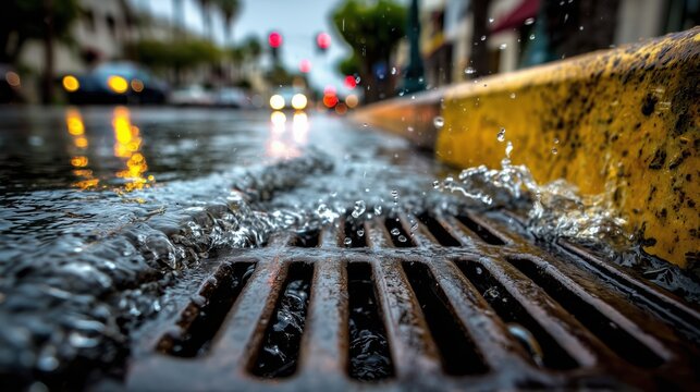Rain water flowing into storm drain grate on city street during rainfall