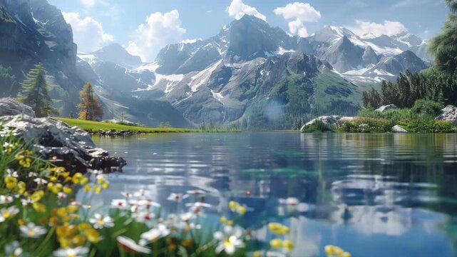 Calm lake mirrors snow-capped peaks and wildflowers. Clear water reflects sky, clouds, and distant mountains. Yellow and white blooms frame the foreground. Rocky shore blends with lush greenery