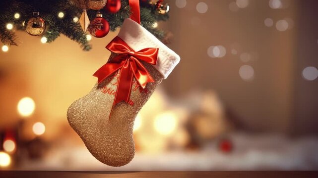 Golden stocking hangs from Christmas tree branch. Red ribbon bows neatly at the top. Soft bokeh lights glow in background. Warm tones highlight festive holiday spirit
