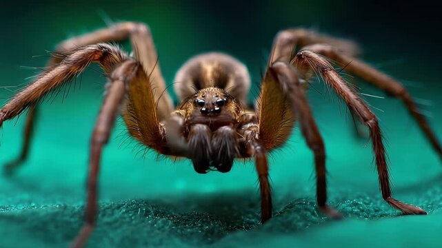 Brown spider crawls on green background in natural setting during daylight