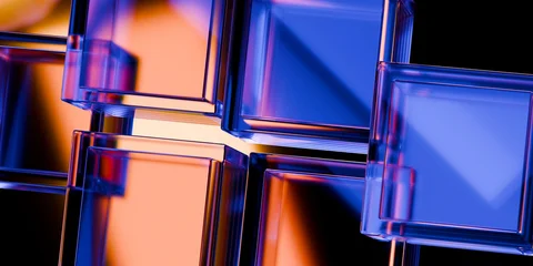 Cyber elements made of transparent glass and liquid acrylic purple blue glow on black backdrop cinematic tech background design cover art visuals 3d rendering © IM_VISUALS