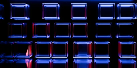 Cyber elements made of transparent glass and liquid acrylic purple blue glow on black backdrop cinematic tech background design cover art visuals 3d rendering © IM_VISUALS