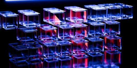 Cyber elements made of transparent glass and liquid acrylic purple blue glow on black backdrop cinematic tech background design cover art visuals 3d rendering © IM_VISUALS