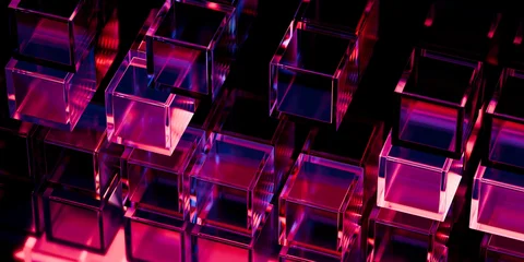 Cyber elements made of transparent glass and liquid acrylic purple blue glow on black backdrop cinematic tech background design cover art visuals 3d rendering © IM_VISUALS
