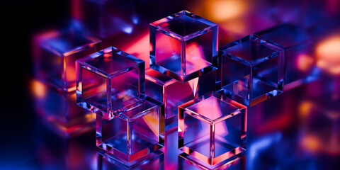 Cyber elements made of transparent glass and liquid acrylic purple blue glow on black backdrop cinematic tech background design cover art visuals 3d rendering © IM_VISUALS