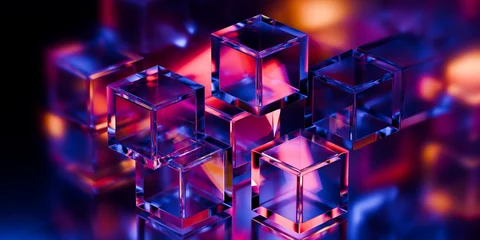Cyber elements made of transparent glass and liquid acrylic purple blue glow on black backdrop cinematic tech background design cover art visuals 3d rendering © IM_VISUALS