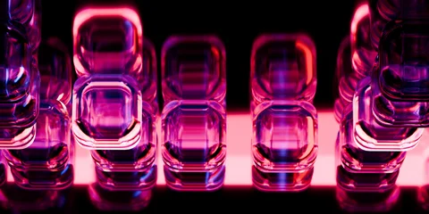 Cyber elements made of transparent glass and liquid acrylic purple blue glow on black backdrop cinematic tech background design cover art visuals 3d rendering © IM_VISUALS