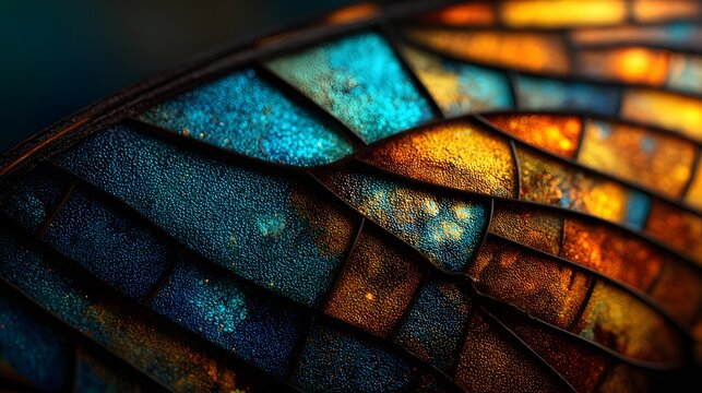 Breathtaking macro view of butterfly wings crafted from exquisite luminous stained glass, glowing backlighting illuminating vibrant shades.