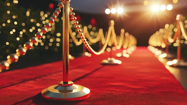 Red carpet gleams under warm lights. Golden poles line the path with beaded chains. Bokeh lights blur behind, adding glamour. Step forward into exclusive elegance