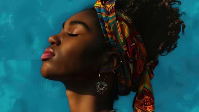 Woman gazes upward, eyes softly closed. Colorful headscarf wraps her curly hair. Earrings gleam against warm skin tone. Vibrant blue background complements her calm pose