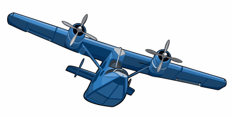 Cartoon illustration of a blue seaplane with two engines and pontoons © KrishnaPada