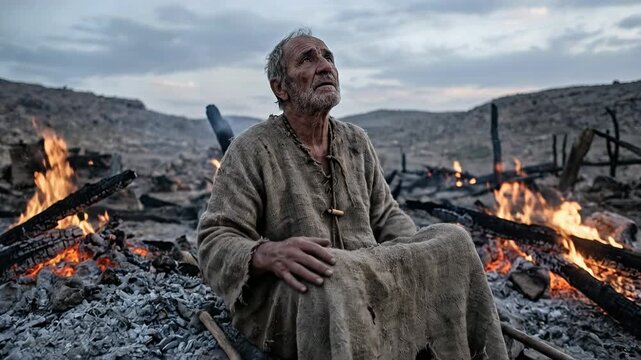 Biblical figure Job sitting in mourning among the ruins of his destroyed home surrounded by ashes and smoldering fires while looking up to heaven with a questioning and faithful expression