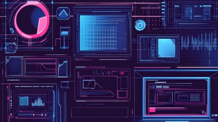 Fototapeta premium Vintage tech wireframes with bold colorful digital patterns