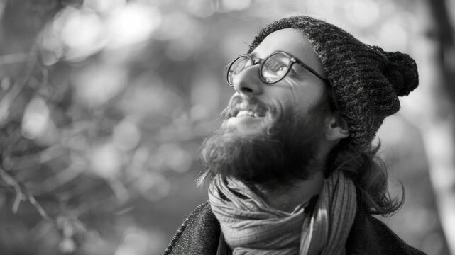 Black and white portrait of bearded man. He wears glasses and a knitted hat. Gaze upward, smiling gently. Warm scarf drapes his neck. Soft forest background, blurred