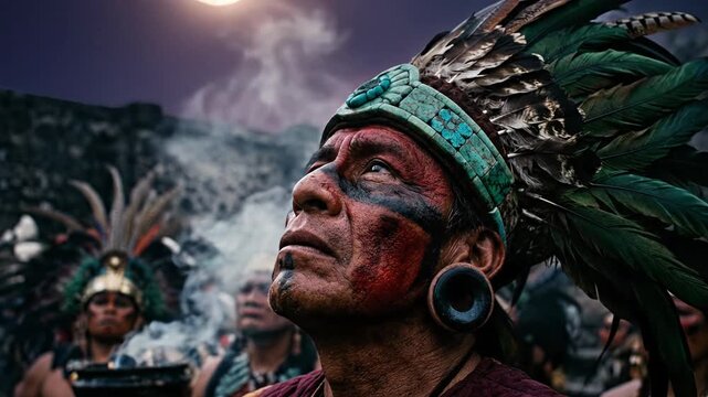 Mayan High Priest with red and black face paint and a green quetzal feather headdress looking up toward the moon during a sacred night ceremony