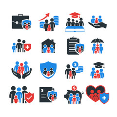 Fototapeta premium Family Insurance and Financial Protection Icons Set Flat Color Vector