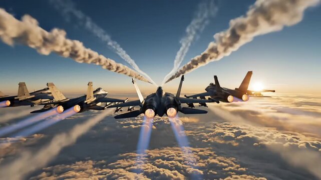 Military fighter jets formation flying above clouds with missile trails and powerful engines representing modern air force combat defense strategy cinematic animation video