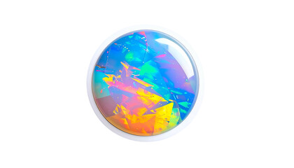 Circular button with a prismatic, gem-like core and a shiny white edge, on black