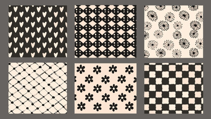 Six seamless patterns featuring hearts diamonds flowers and checks © MINA