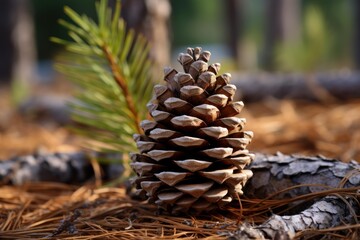 Pinecone lying on a bed of pine needles and bark in a natural forest setting