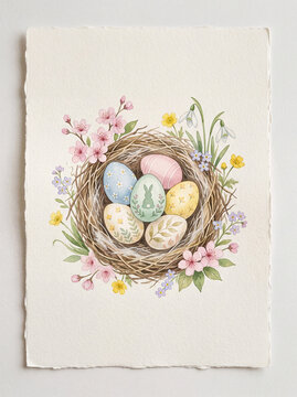 Watercolor Easter nest with decorated eggs and spring flowers illustration
