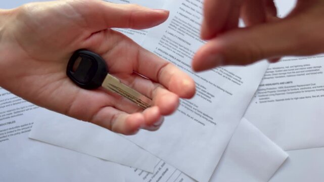 Real estate key handover over property contract documents, top view