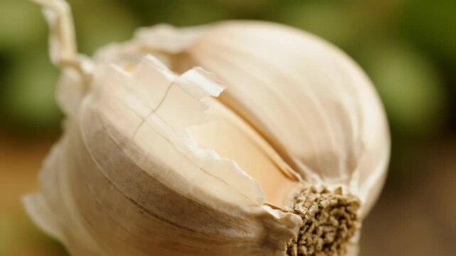 Closeup of fresh garlic bulb showing textured layers and stem area.