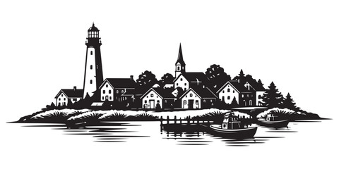 Obraz premium Seaside Village Skyline Silhouette, Silhouette Vector, Isolated on White Background