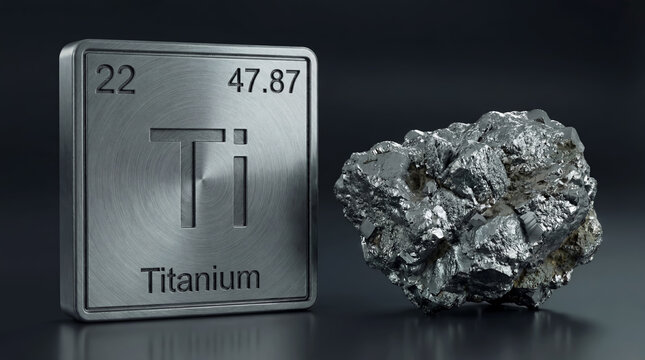 A tile engraved with the titanium periodic table symbol next to a raw, crystalline titanium ore nugget.