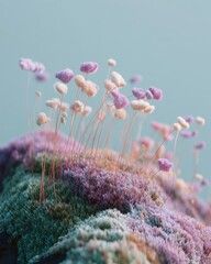Naklejka premium Rounded grassy hill covered in velvety moss with delicate pink and purple flowers emerging from the surface against a soft blue background