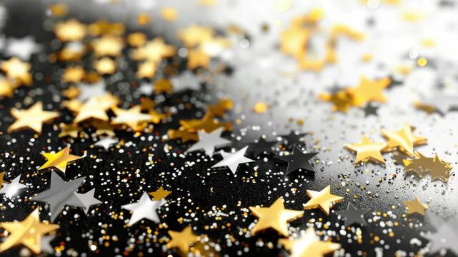 Golden and silver stars scatter across a dark, sparkling surface. Shimmering confetti catches light with every subtle movement. Falling stars create a festive, magical atmosphere
