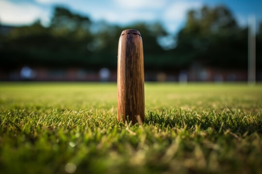 Wooden rounders bat standing upright in green grass field on a sunny day