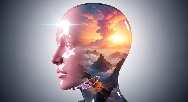 Human head profile with inner landscape of mountains and sunset clouds reflected in shiny surface