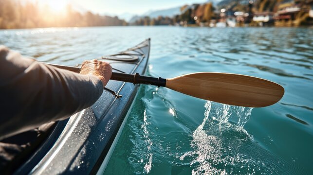 Close up of hand rowing paddle in blue water from kayak on lake