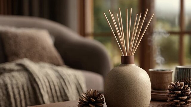 Cozy Living Room Still Life: Ceramic Incense Holder, Pine Cones, and Warm Rustic Decor for Relaxation and Mindfulness