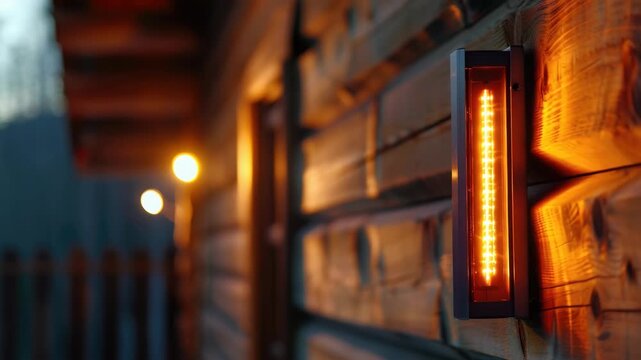 Warm glow lights up rustic wooden cabin exterior. Modern LED strip mounted beside weathered log wall. Soft bokeh highlights distant porch lamps in twilight. Cozy, inviting ambiance blends tech