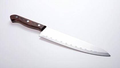 Gleaming stainless steel chef's knife with wood handle on a stark white surface