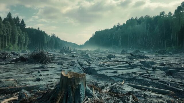 Mist shrouds barren forest floor. Tree stumps litter the desolate ground. Felled trees lie scattered in the gloom. Dense woods loom in the distance. Overcast sky hangs heavy above